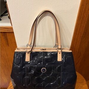 Coach Navy Patent Leather Tote with Tan Handles